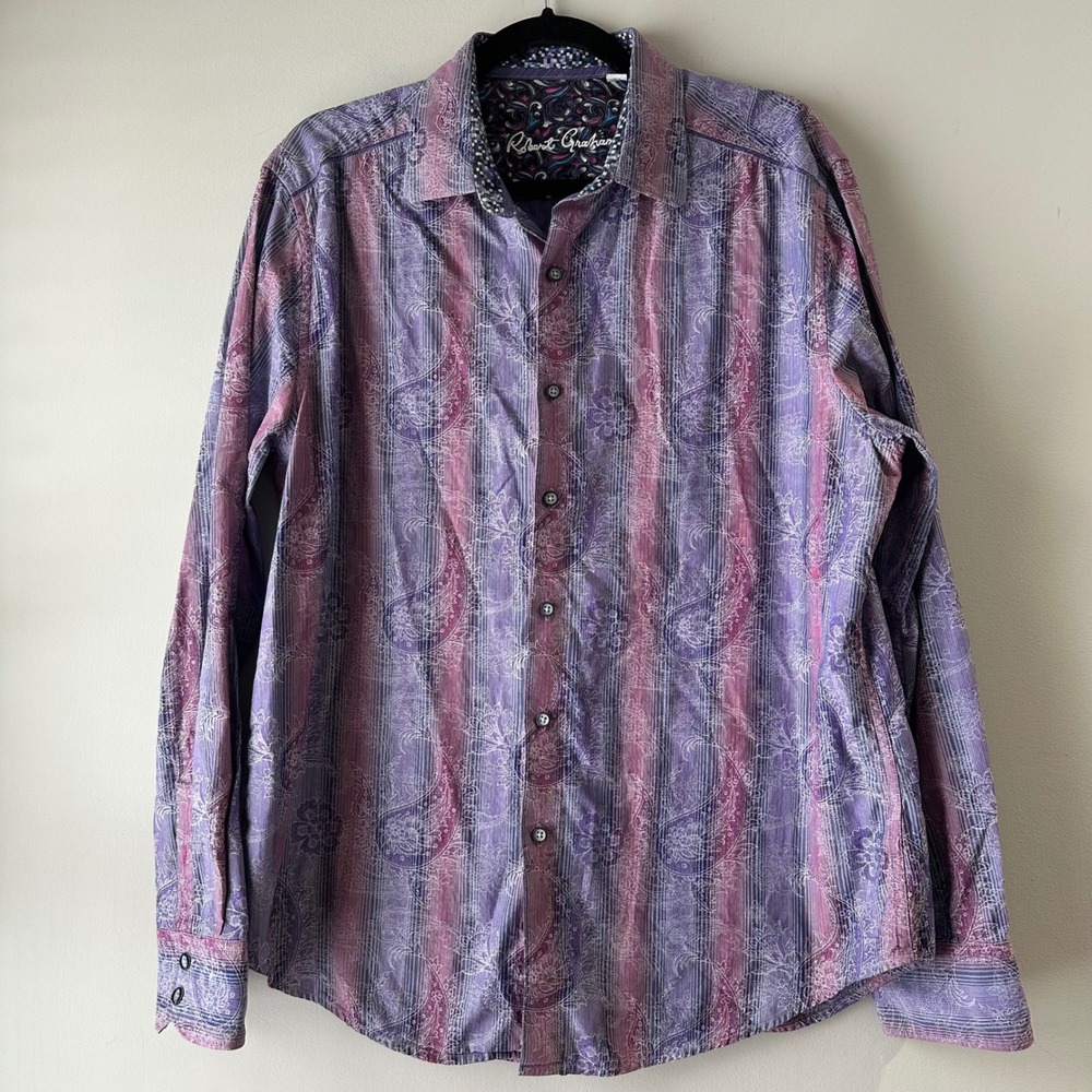 Robert Graham Mens Classic Fit Purple Pink Paisley Stripe Long Sleeve‎ Shirt L